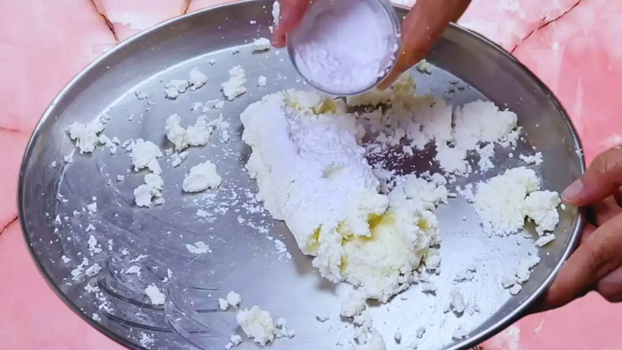 Rasmalai recipe step 14 Mixing corn flour with chena