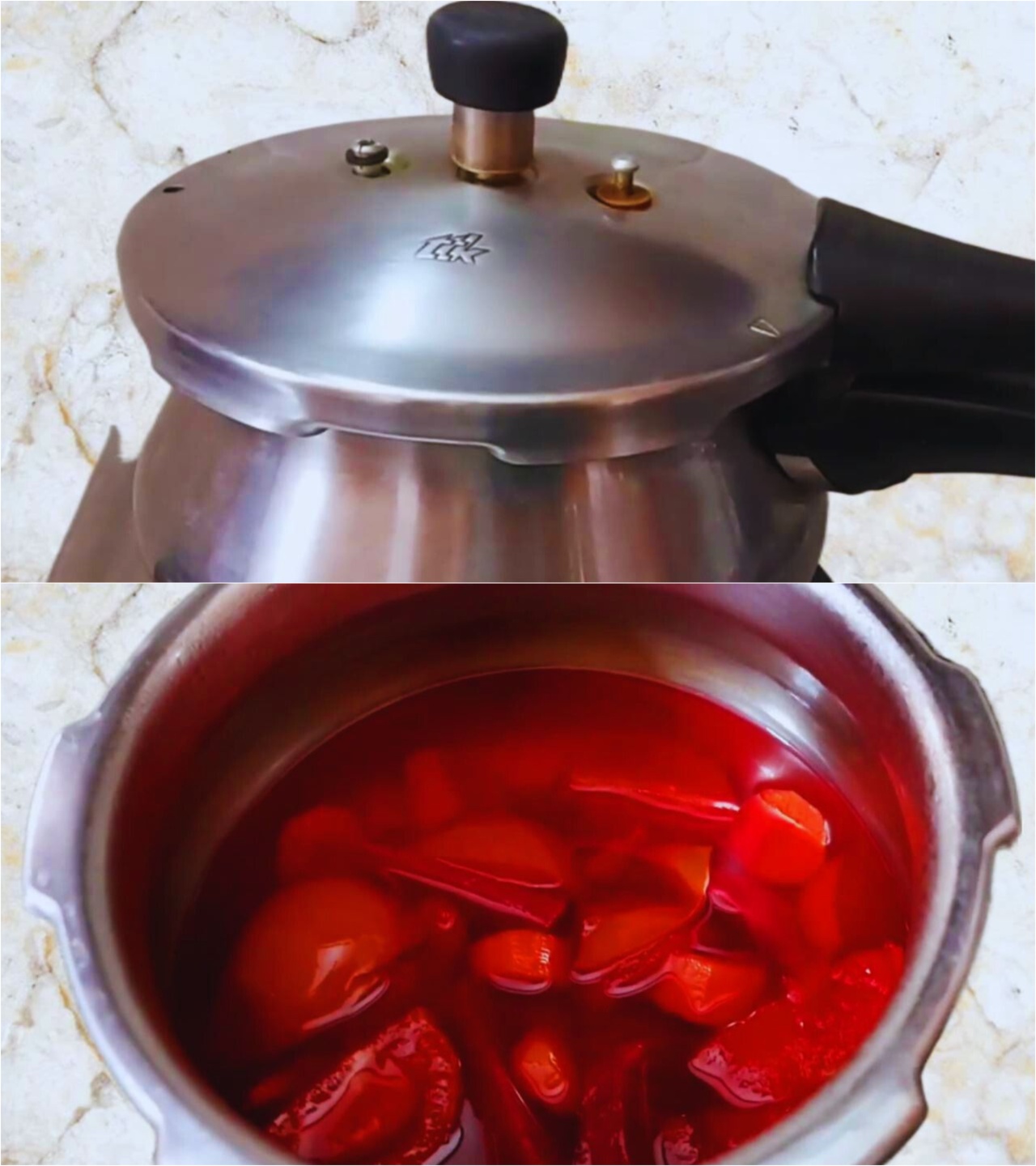 Beetroot carrot soup recipe step 2 Pressure cooking beetroot carrot and other ingredients