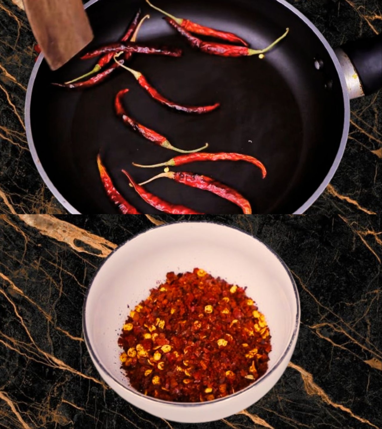 Roasting and grinding dry red chilies