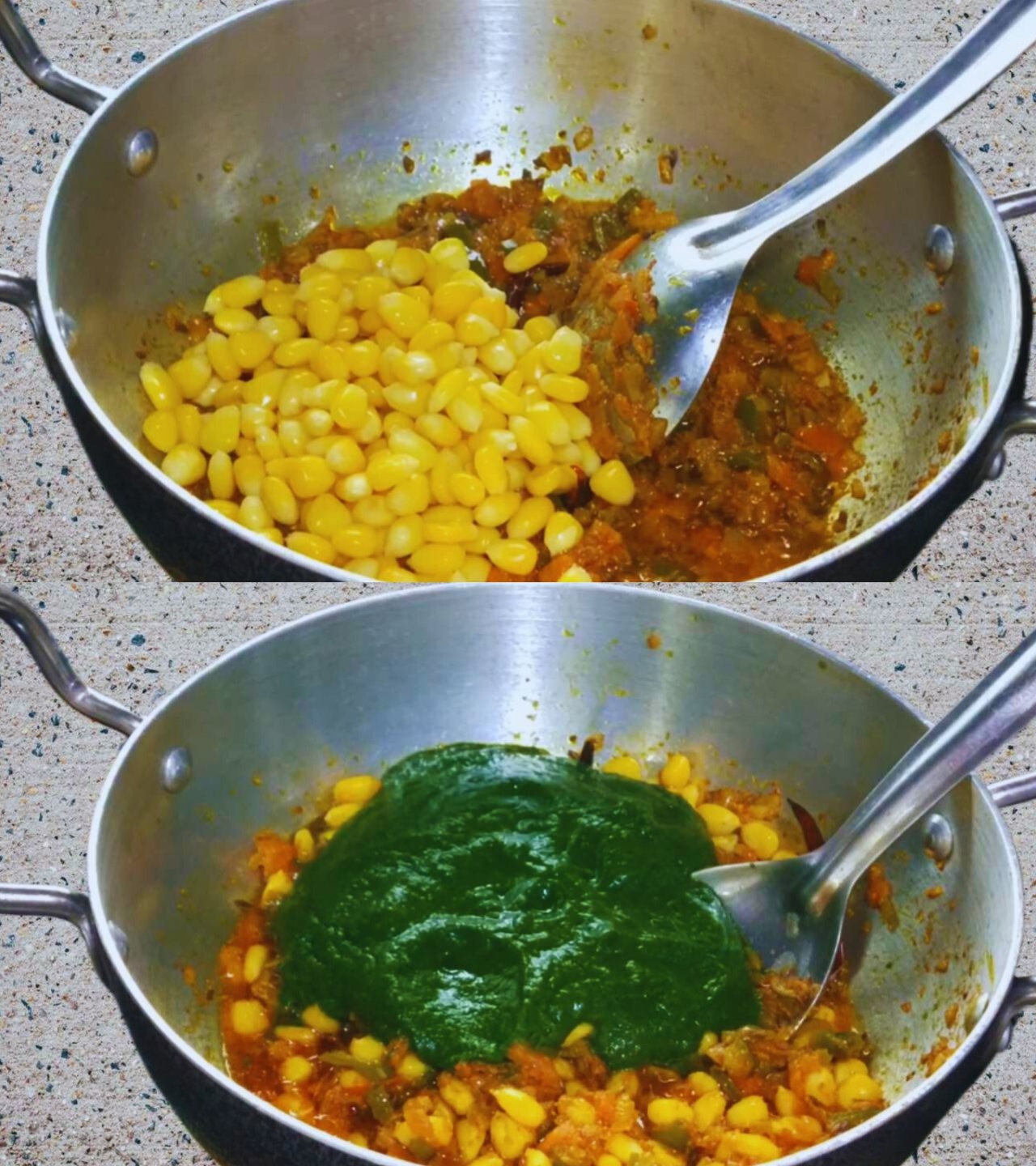Adding corn and palak paste 