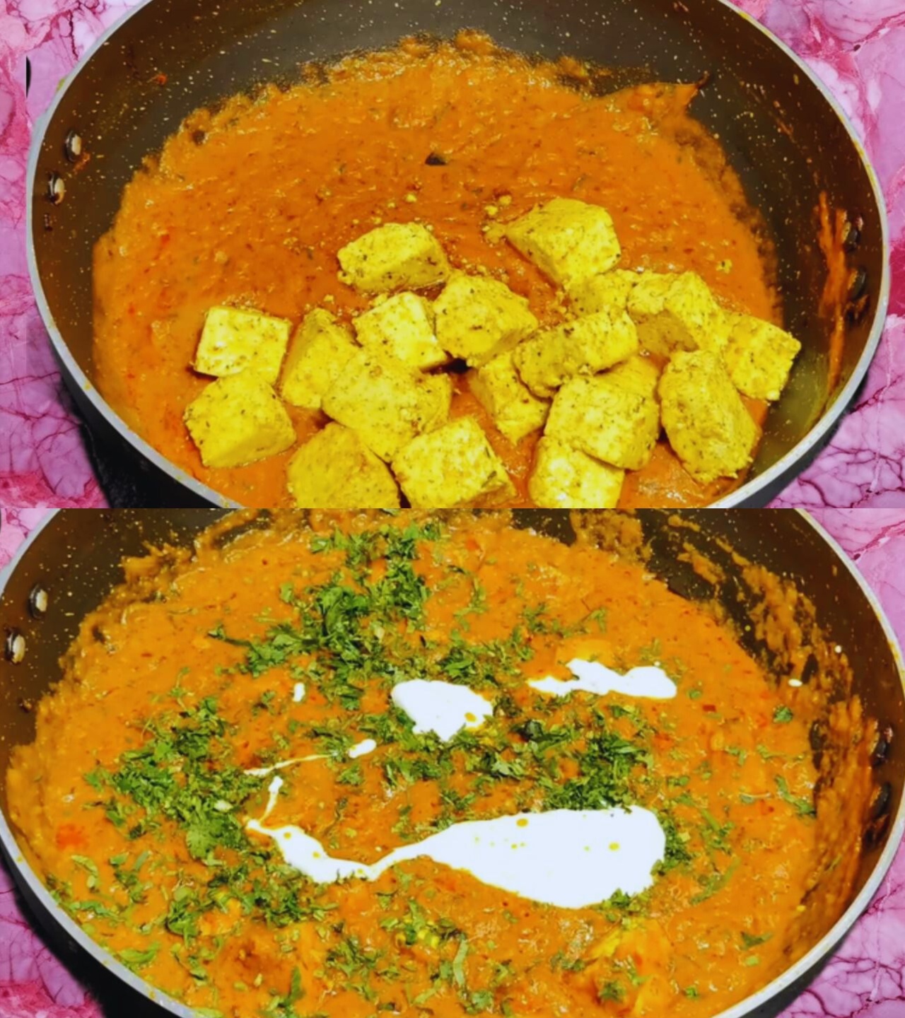 Adding paneer, cream and coriander 