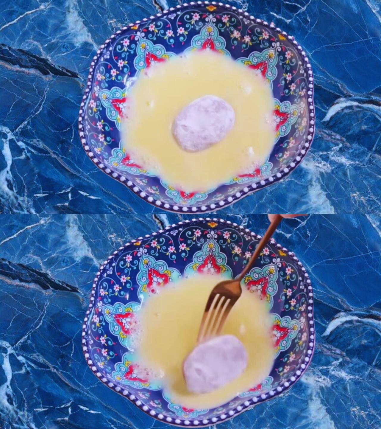 Dipping nugget in egg wash 