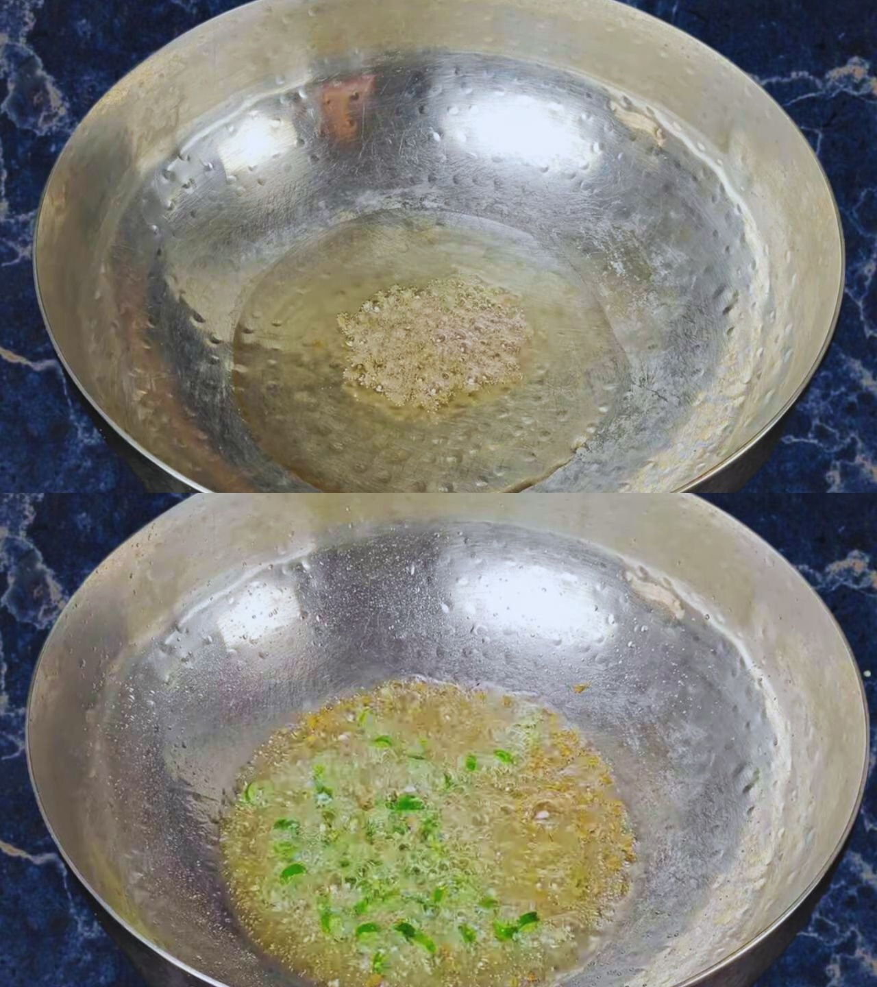 Frying cumin seeds and chilies 