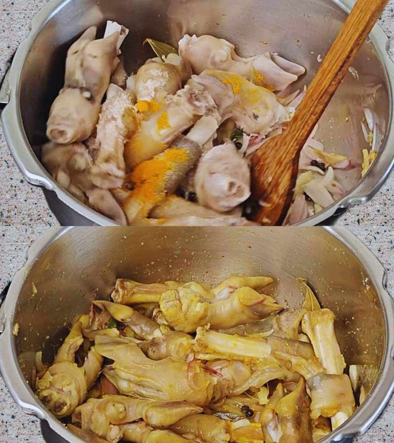 Adding boiled mutton paya along with salt and turmeric 