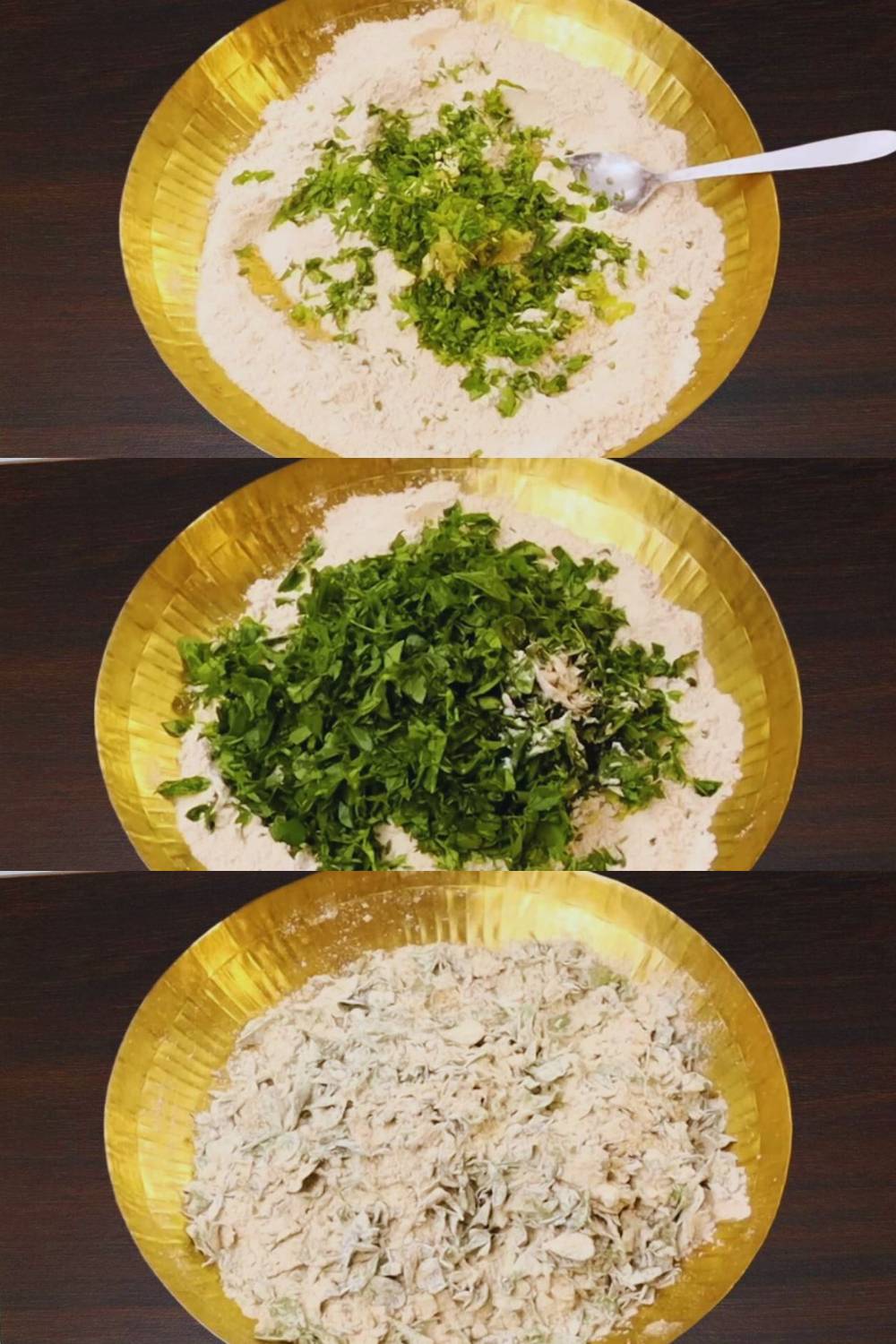 Adding coriander and methi leaves 