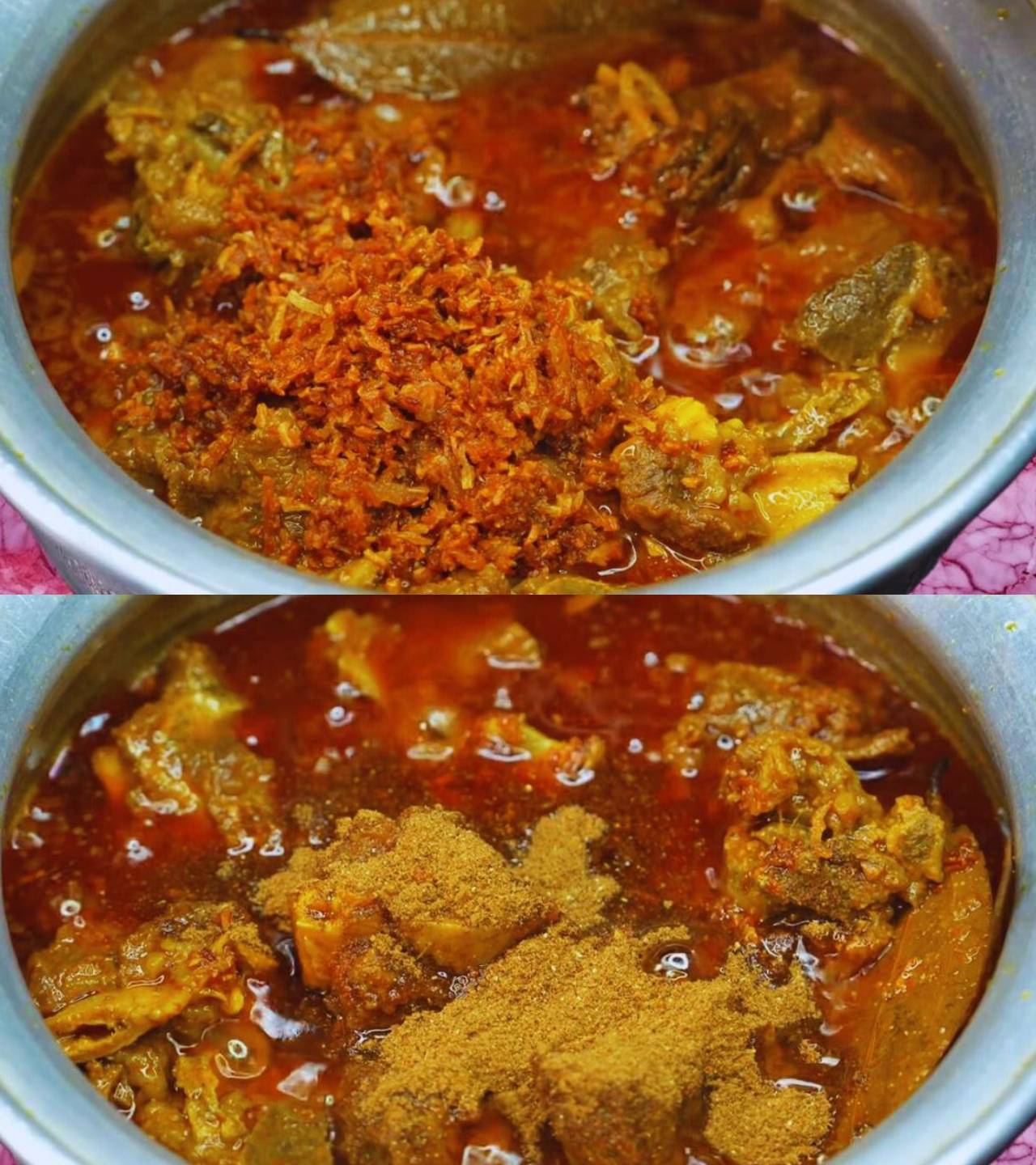 Mutton korma recipe step 13 Adding crushed fried onions and korma powder