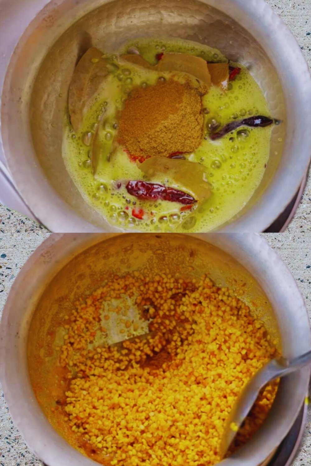 Adding powdered spices and dal 