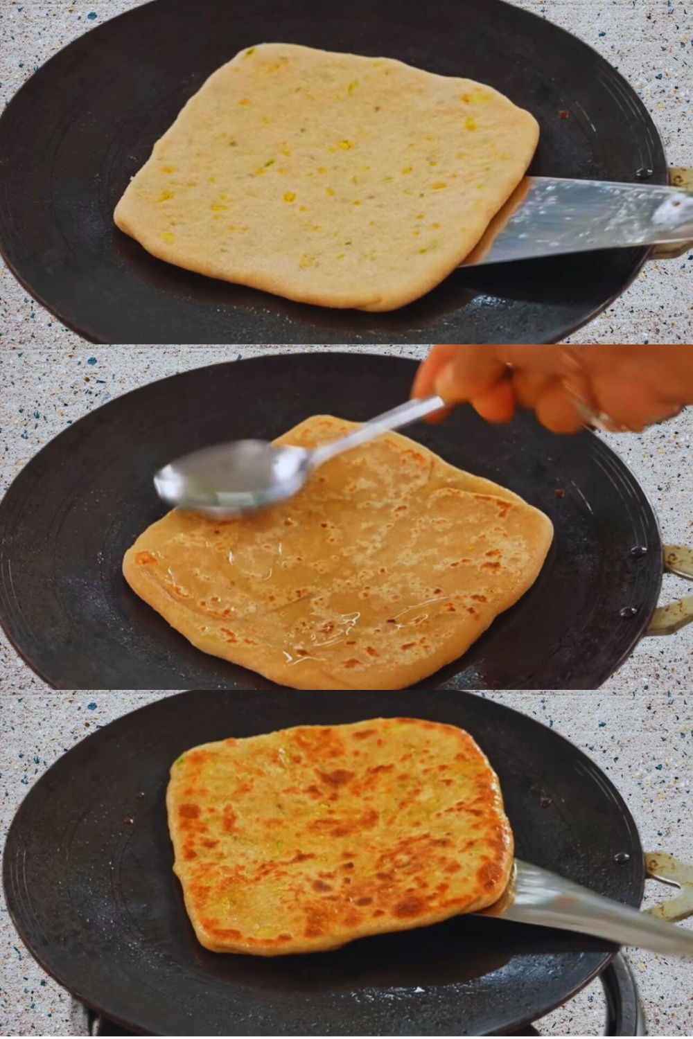 Flipping, applying cooking oil, and removing Gobi Paratha 
