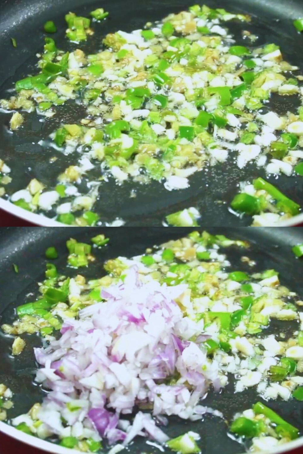 Frying ginger, chilies, garlic and onions
