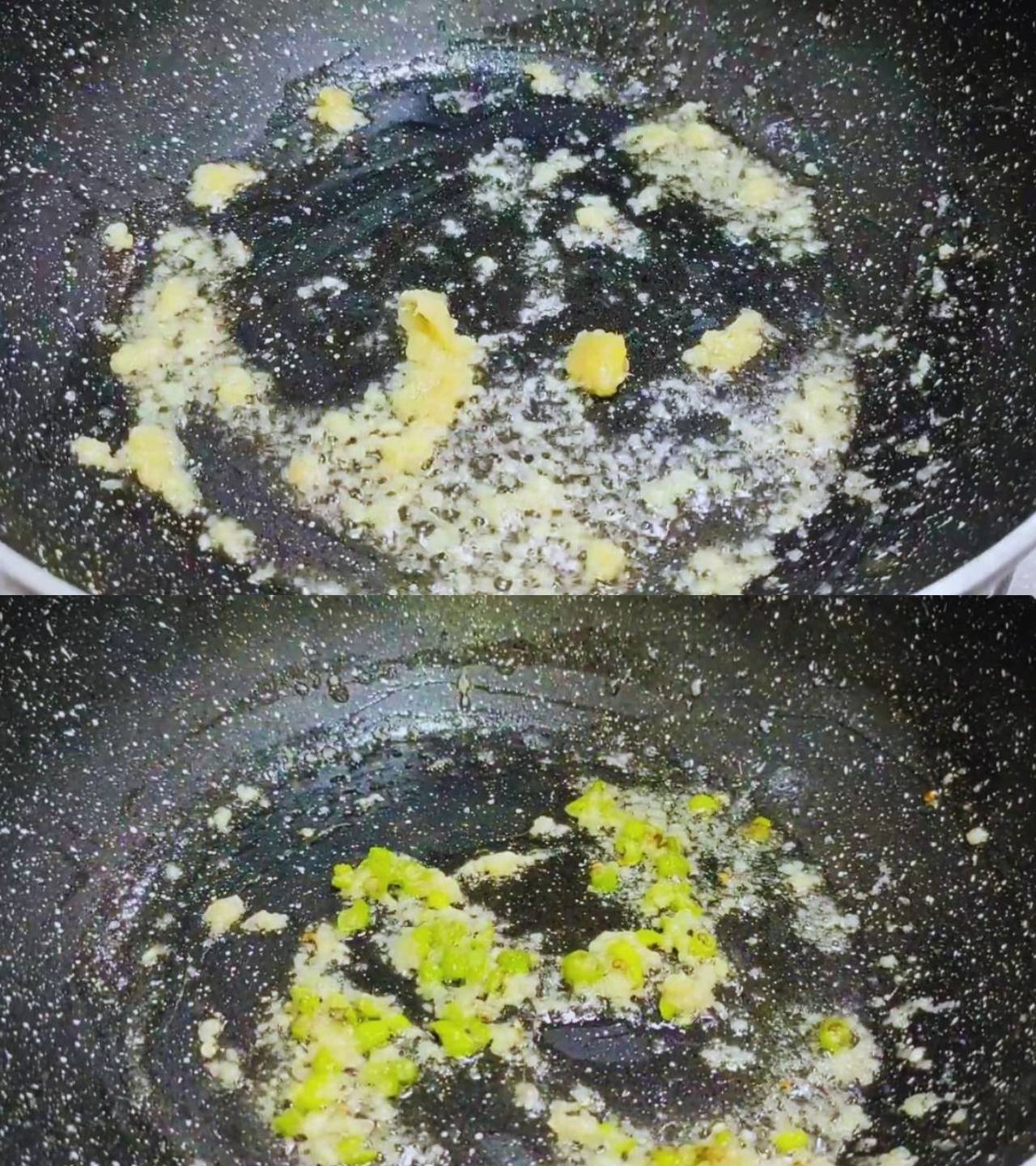 Frying ginger, garlic and chilies 