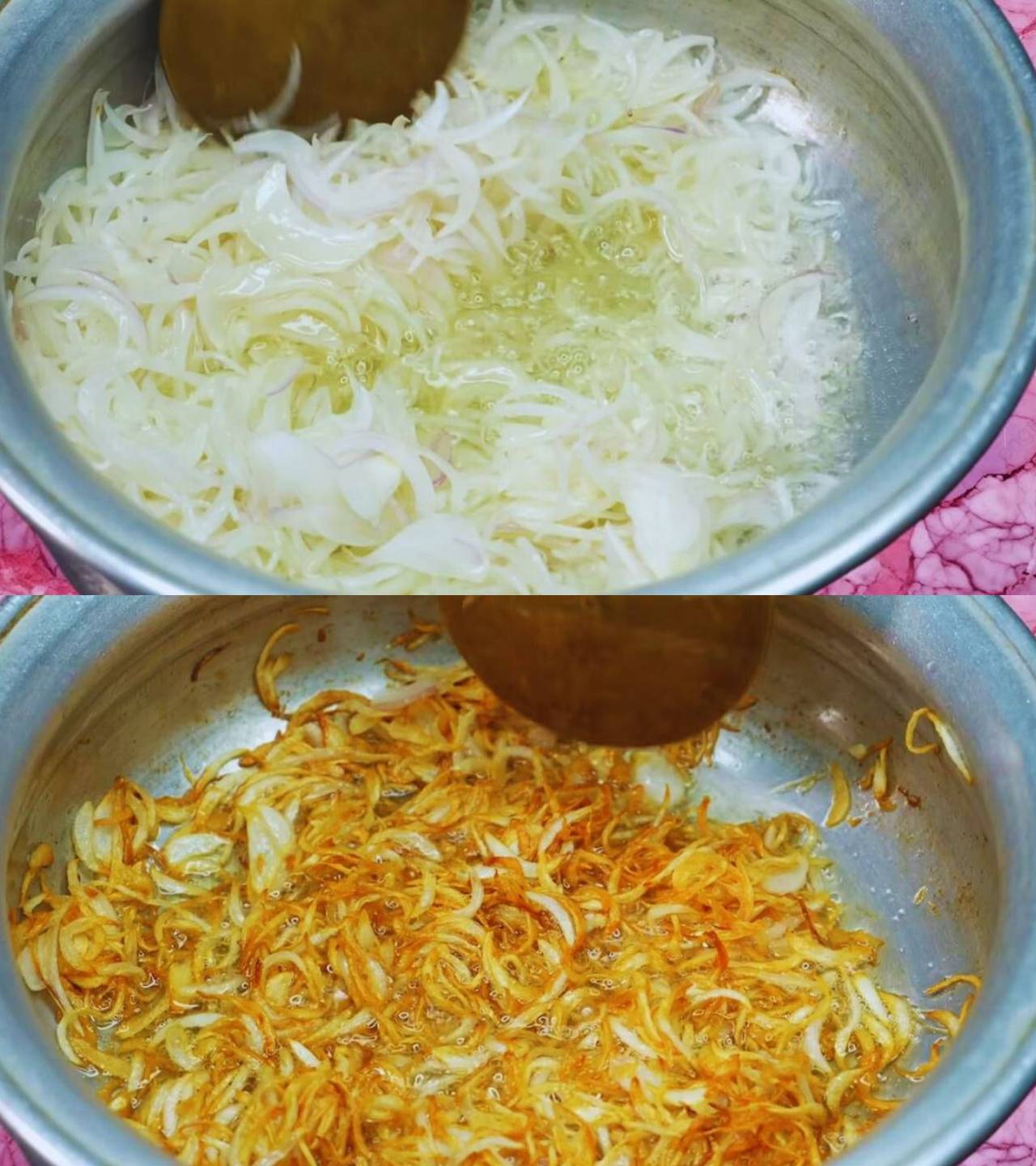 Mutton korma recipe step 1 Frying onions