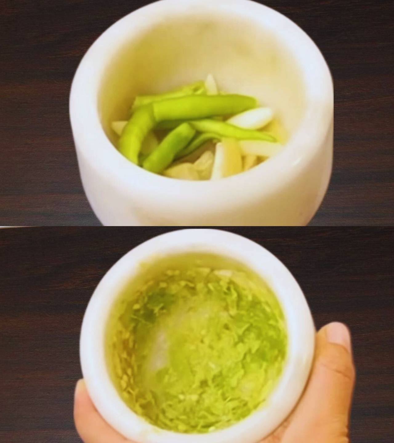 Grinding ginger, garlic, and chilies 