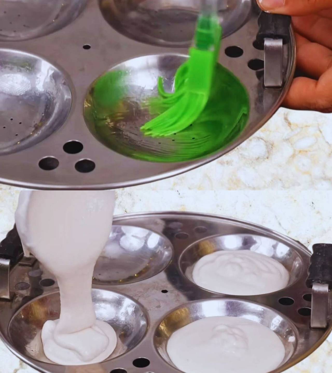 Pouring idli batter in mold 