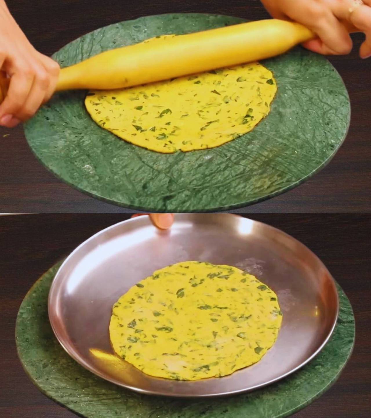 Rolling to make Methi Paratha 