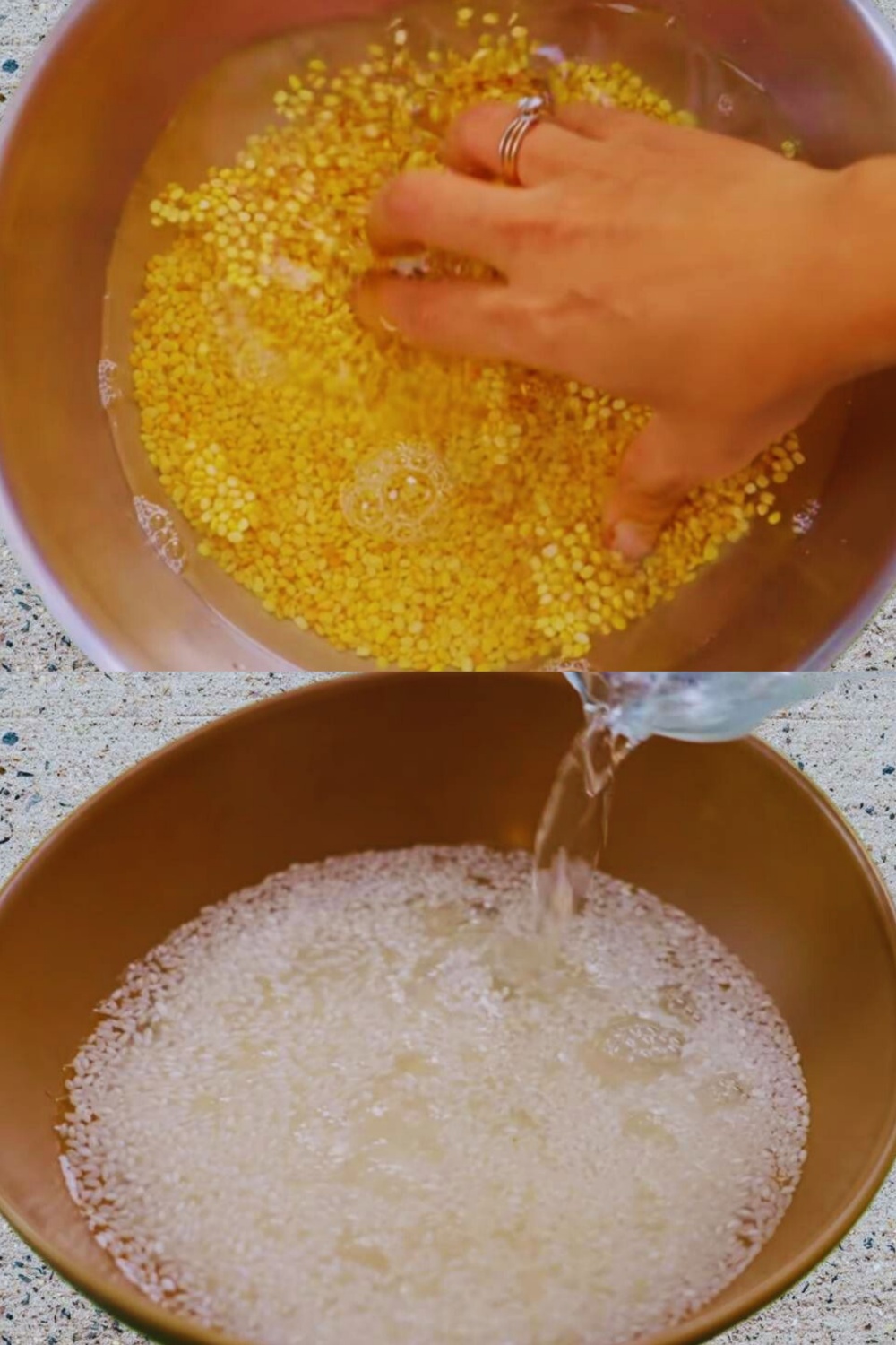 Washing dal and rice