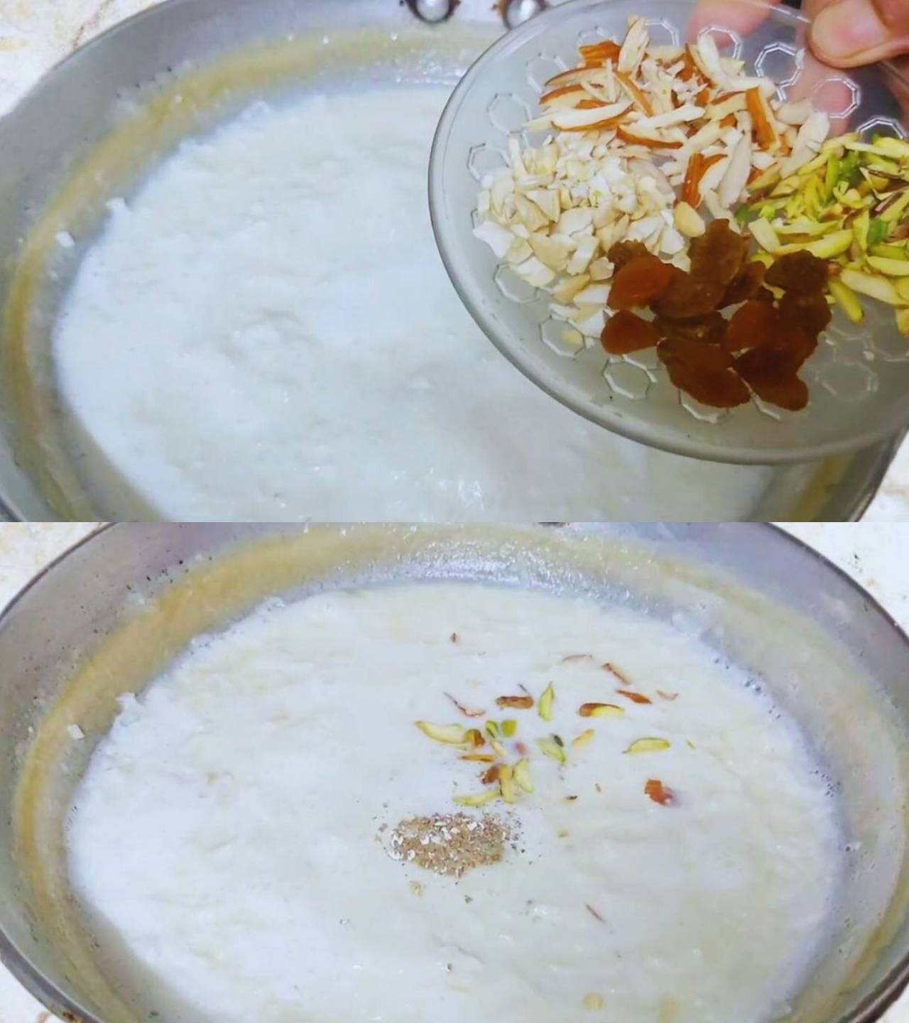 Adding nuts, raisin, and crushed elaichi