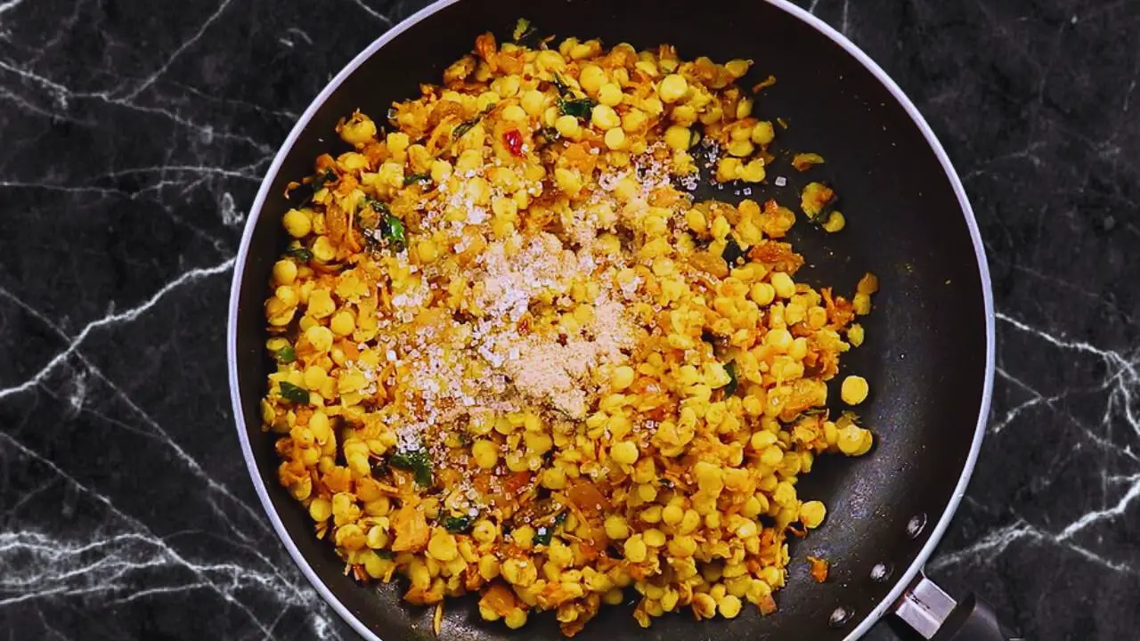 Chana dal samosa recipe step 7 Adding sugar and amchur