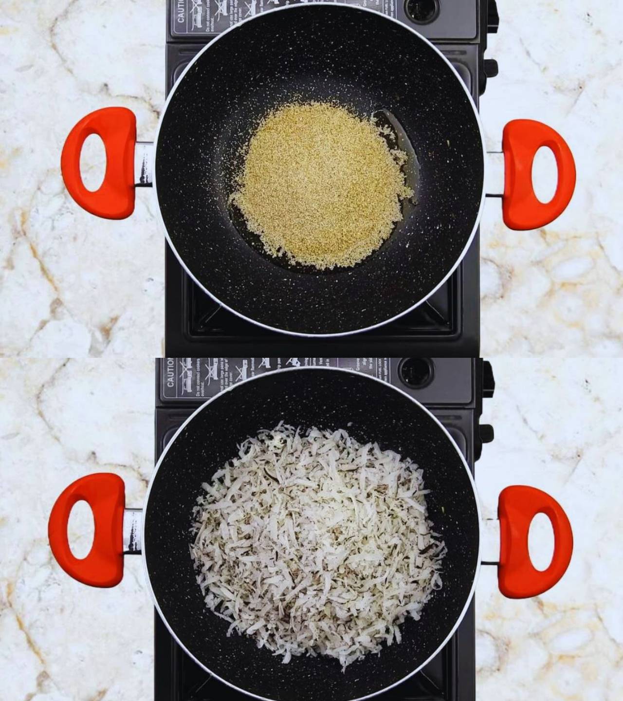 Frying poppy seeds and kopra 