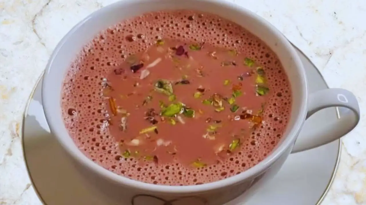 Kashmiri pink tea recipe step 7 Kashmiri Pink Tea served