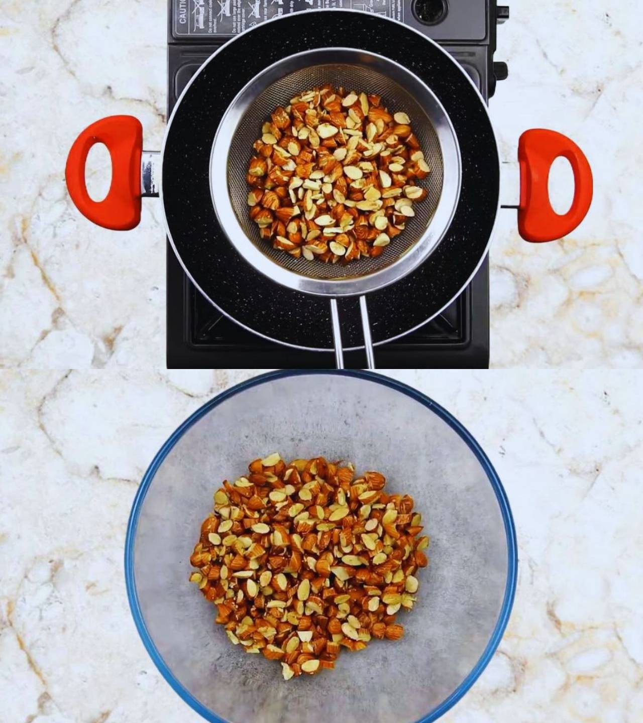 Dry fruit laddu recipe step 2 Transferring fried almonds to a bowl