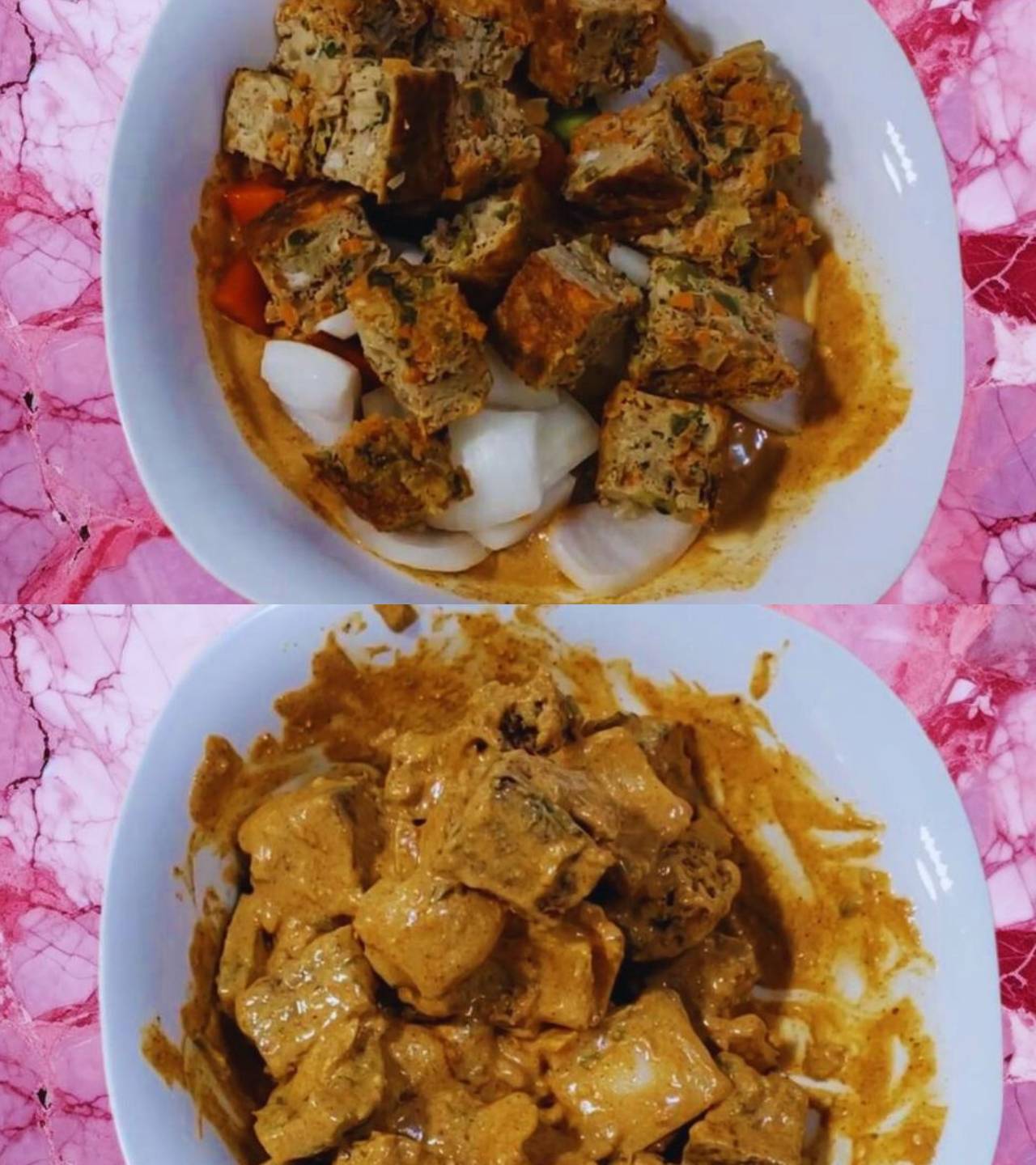 Adding capsicum, onions and fried egg cubes