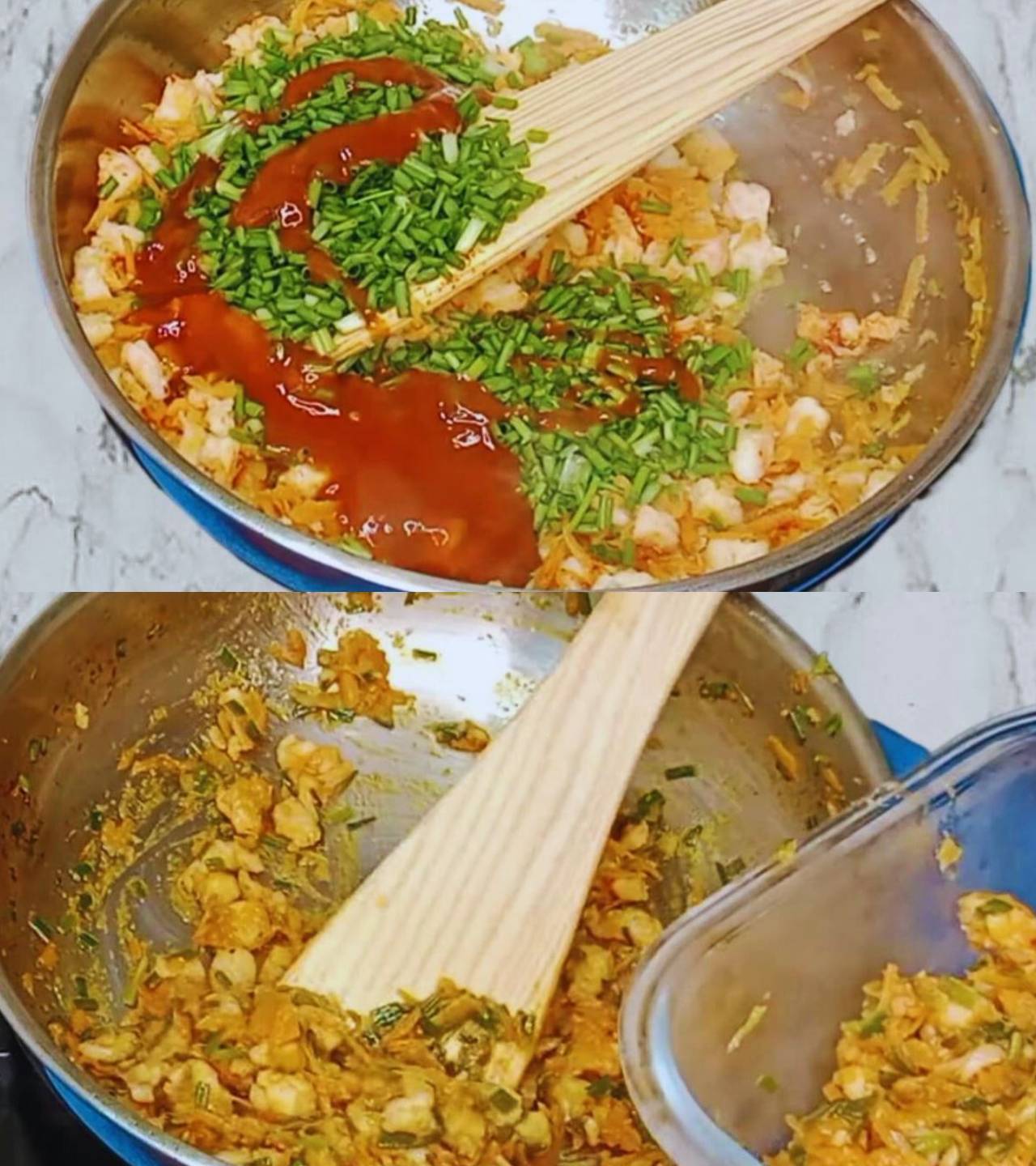 Prawn pockets recipe step 4 Adding spring onions and suace