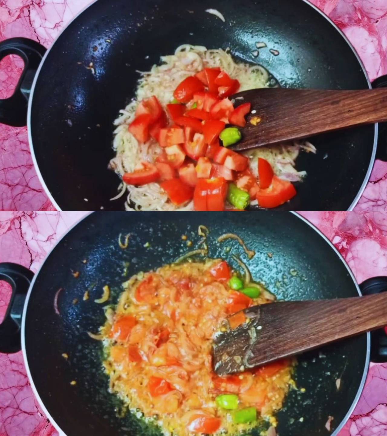 Adding tomatoes and chilies 