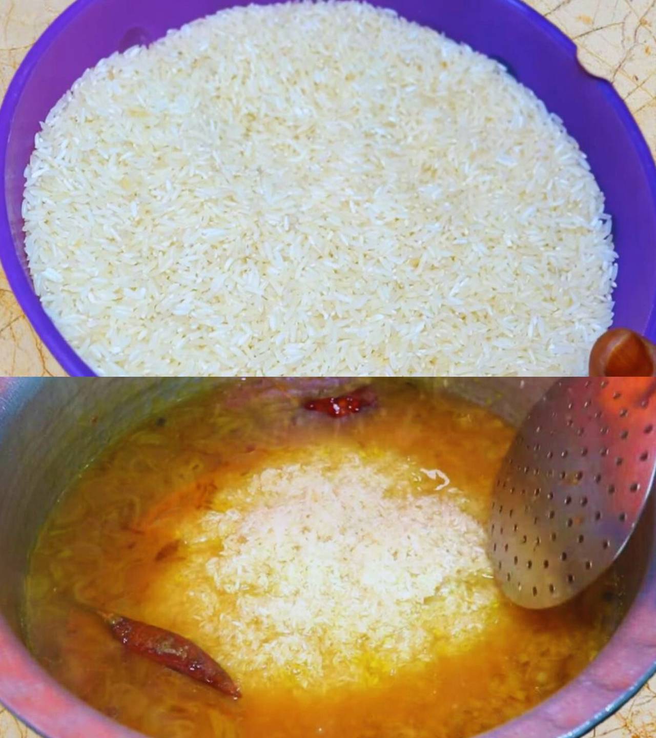 Adding washed rice to boiling water 
