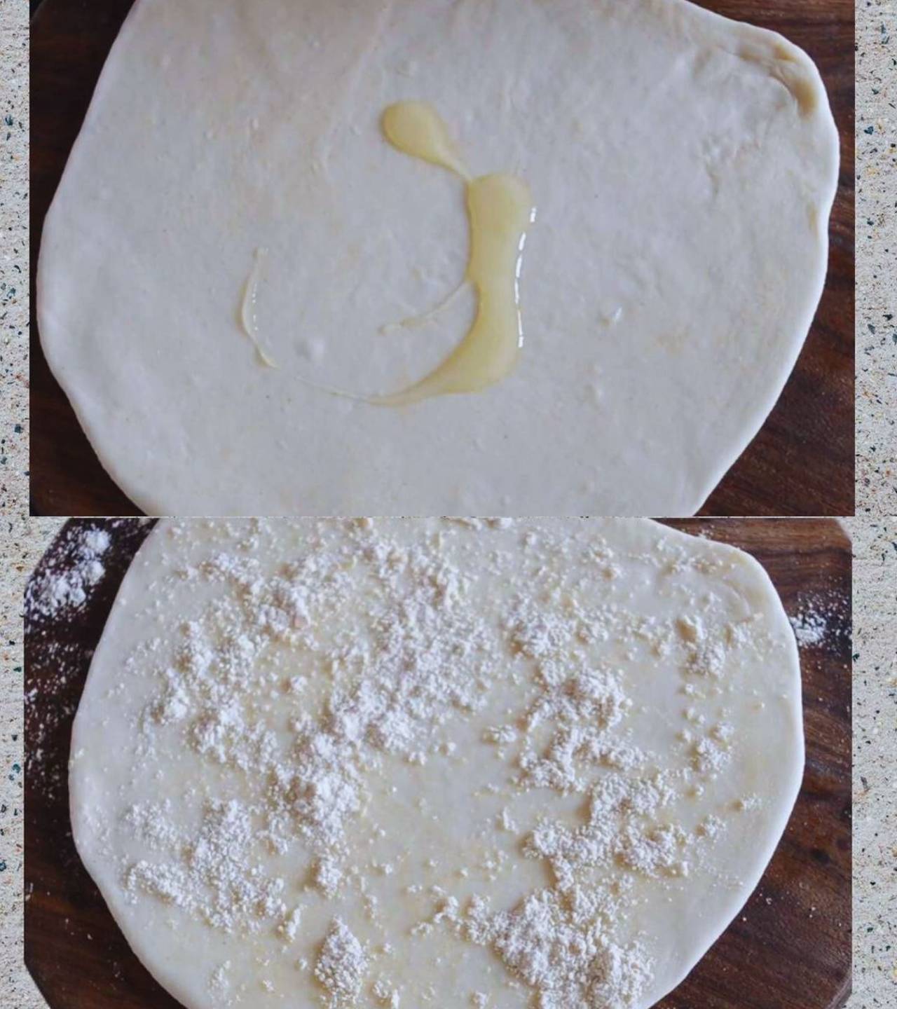 Brushing ghee and sprinkling flour on paratha 