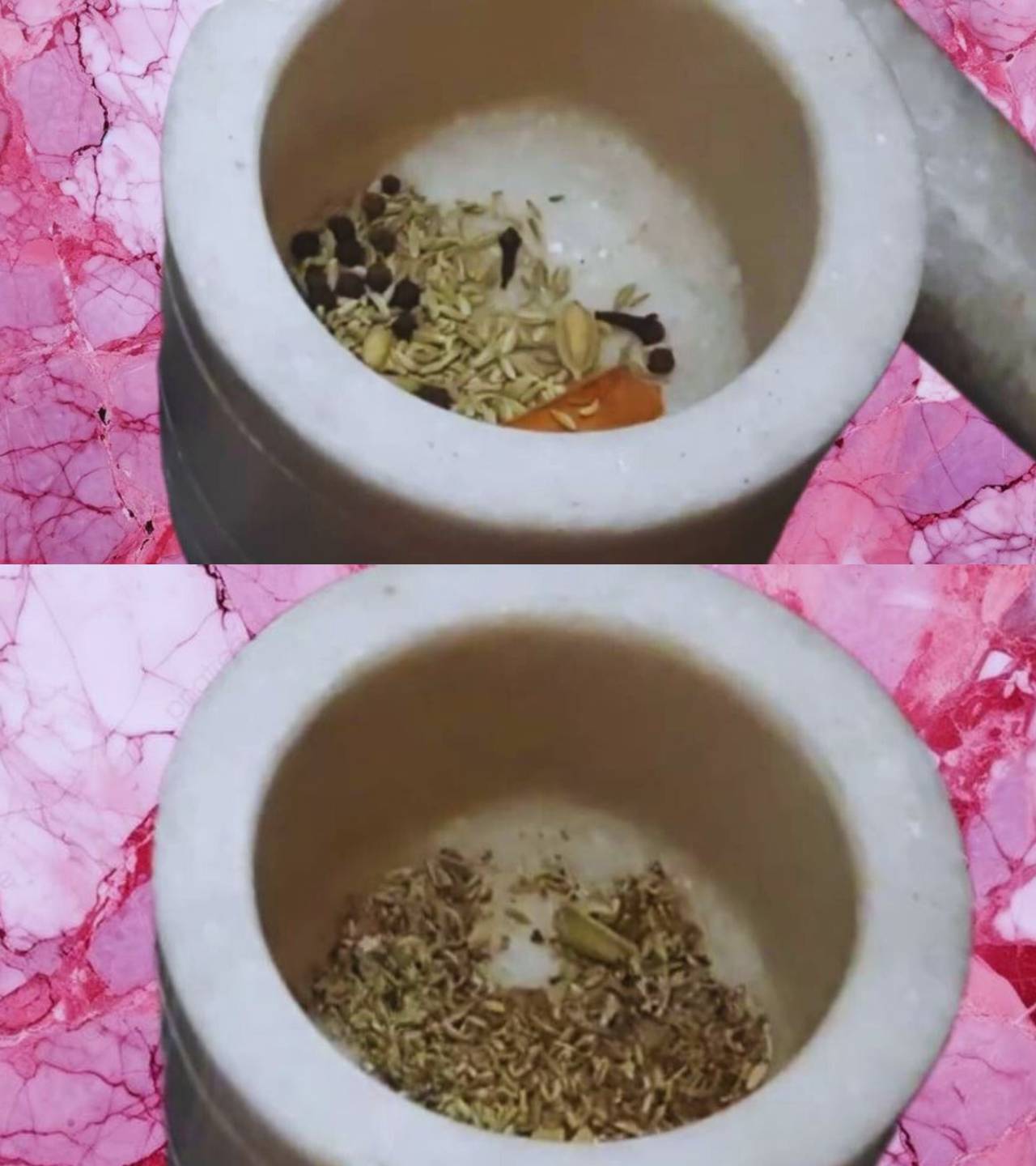 Crushing spices to add to Kesar Chai 