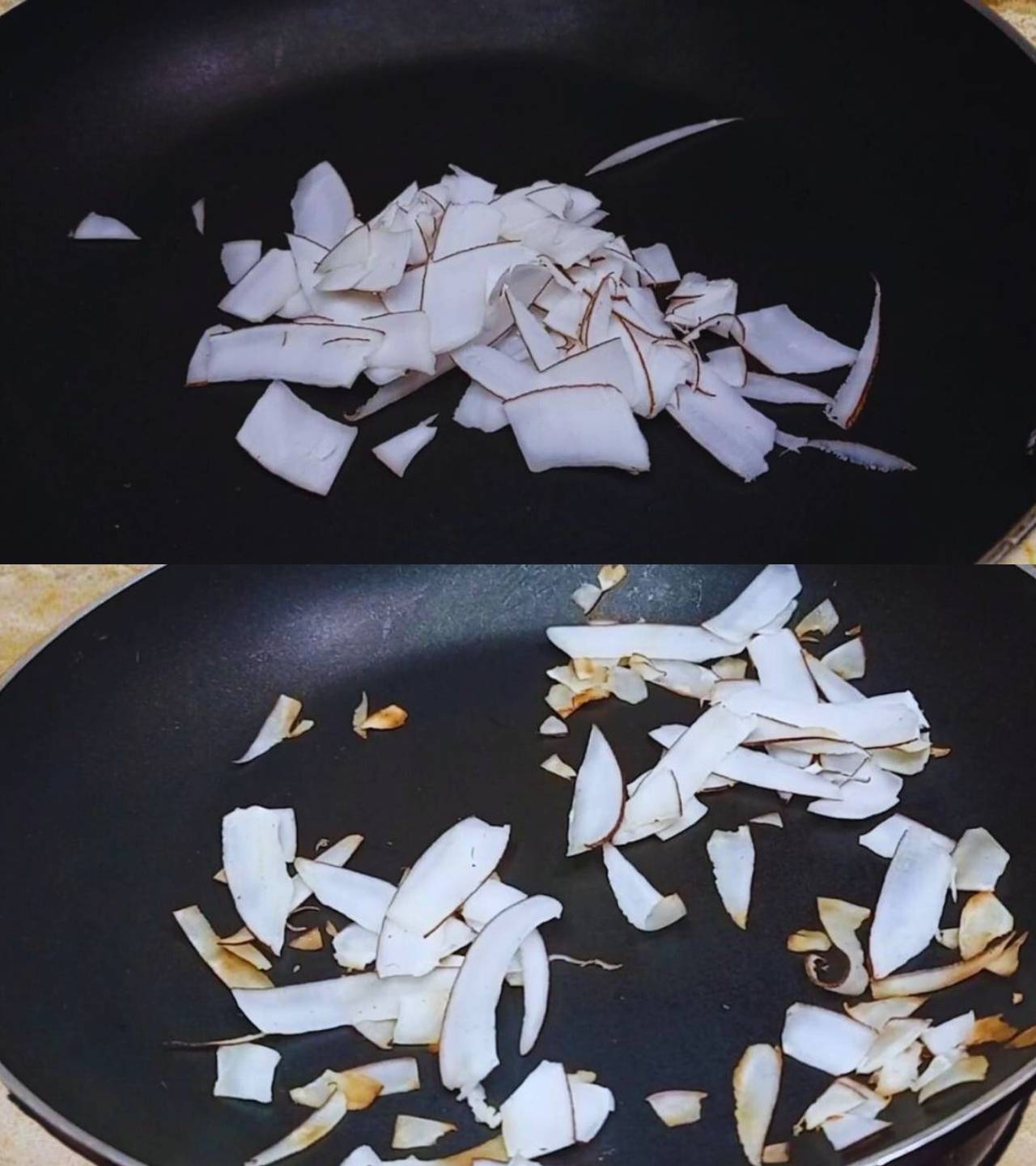 Dry roasting coconut pieces 