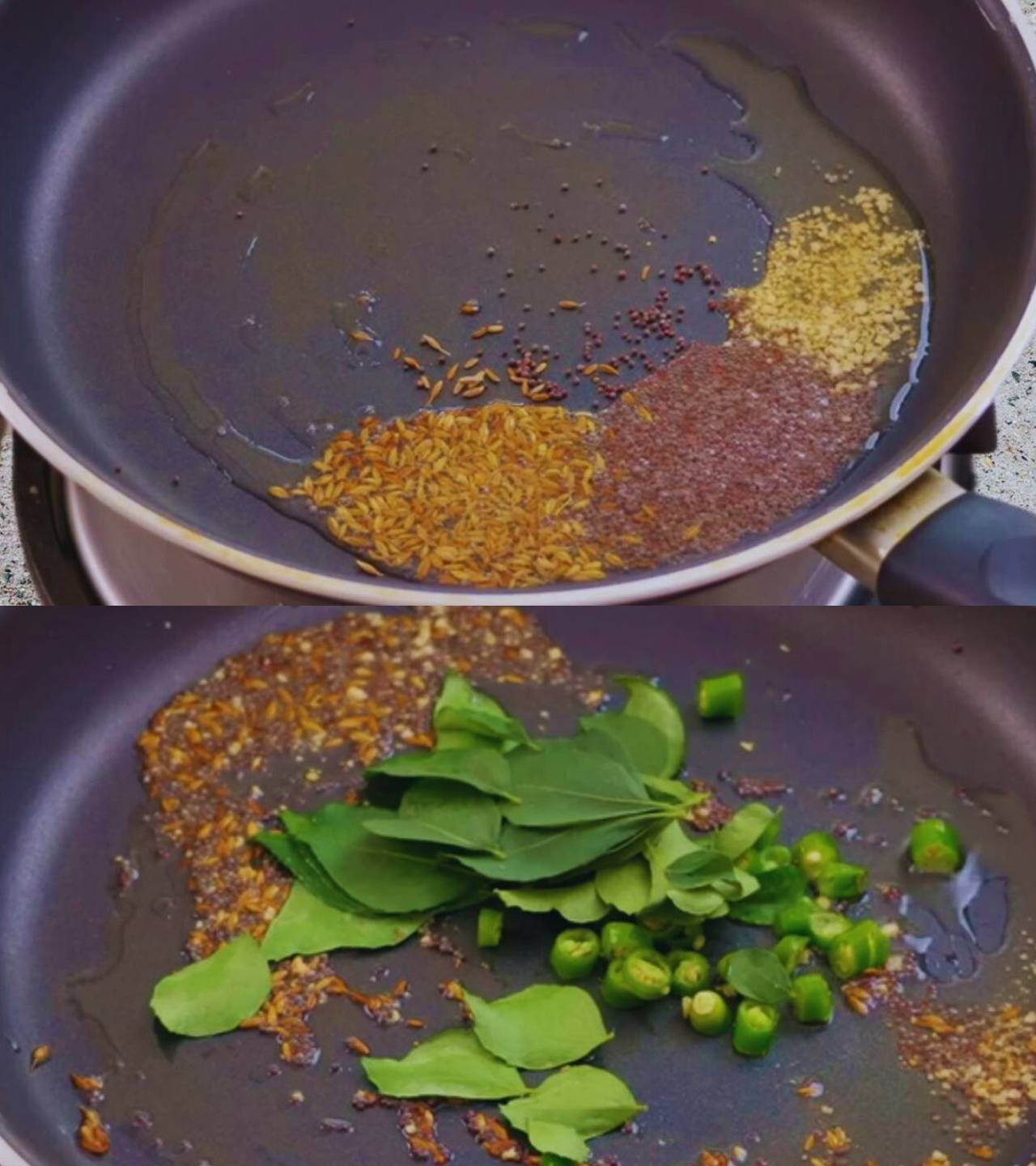Frying spices with green chilies and curry leaves 