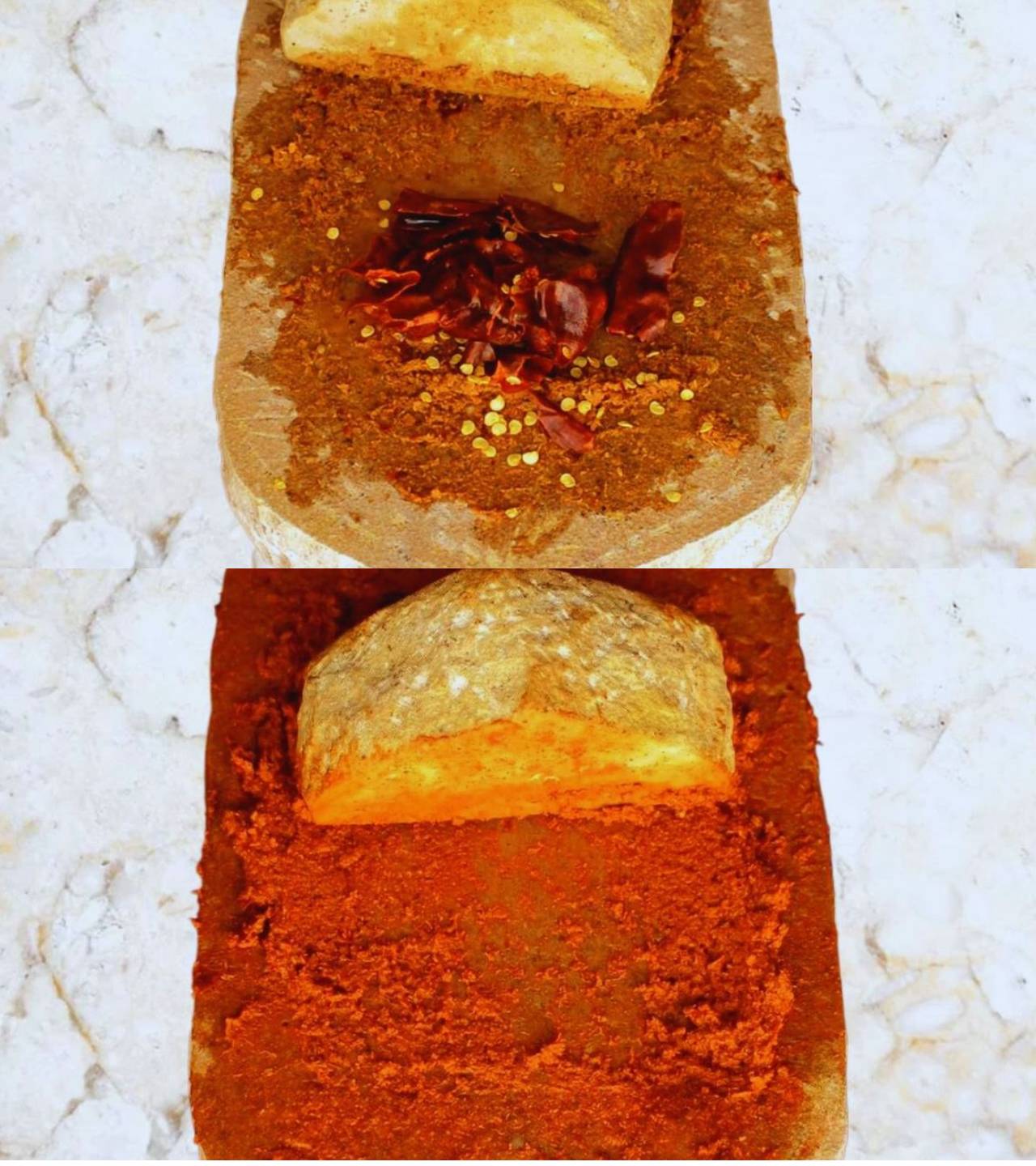 Grinding Kashmiri red chilies