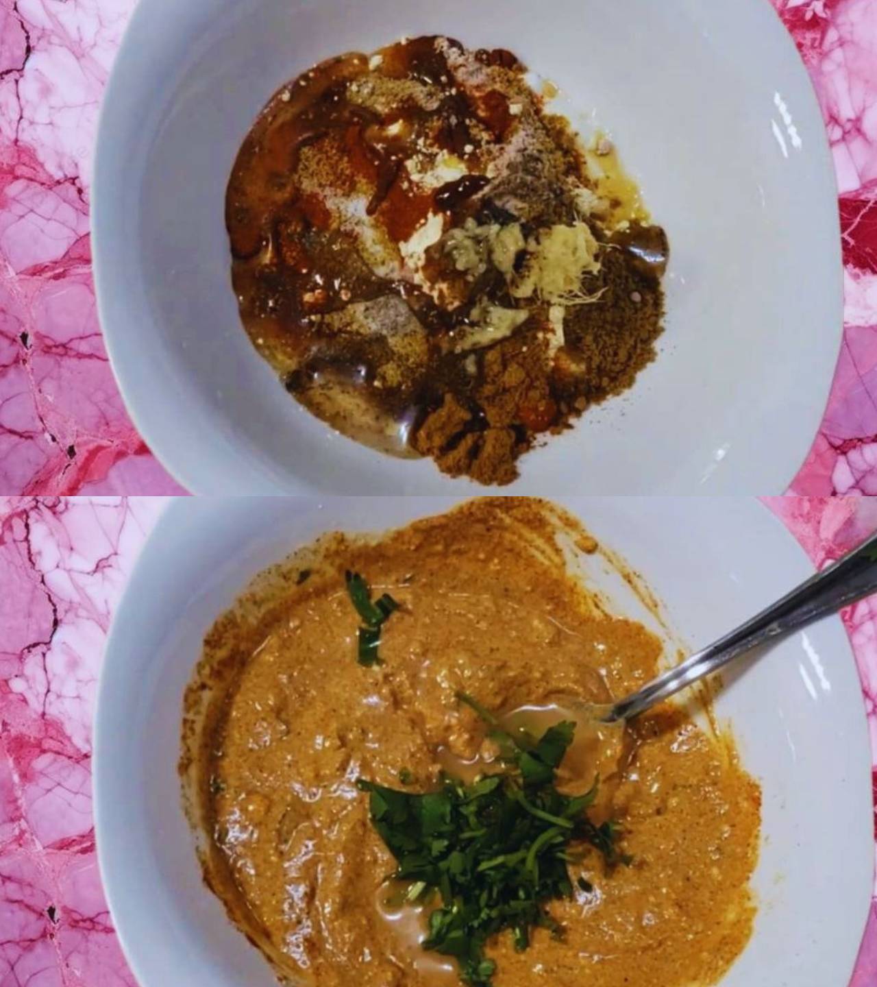 Mixing spices with curd