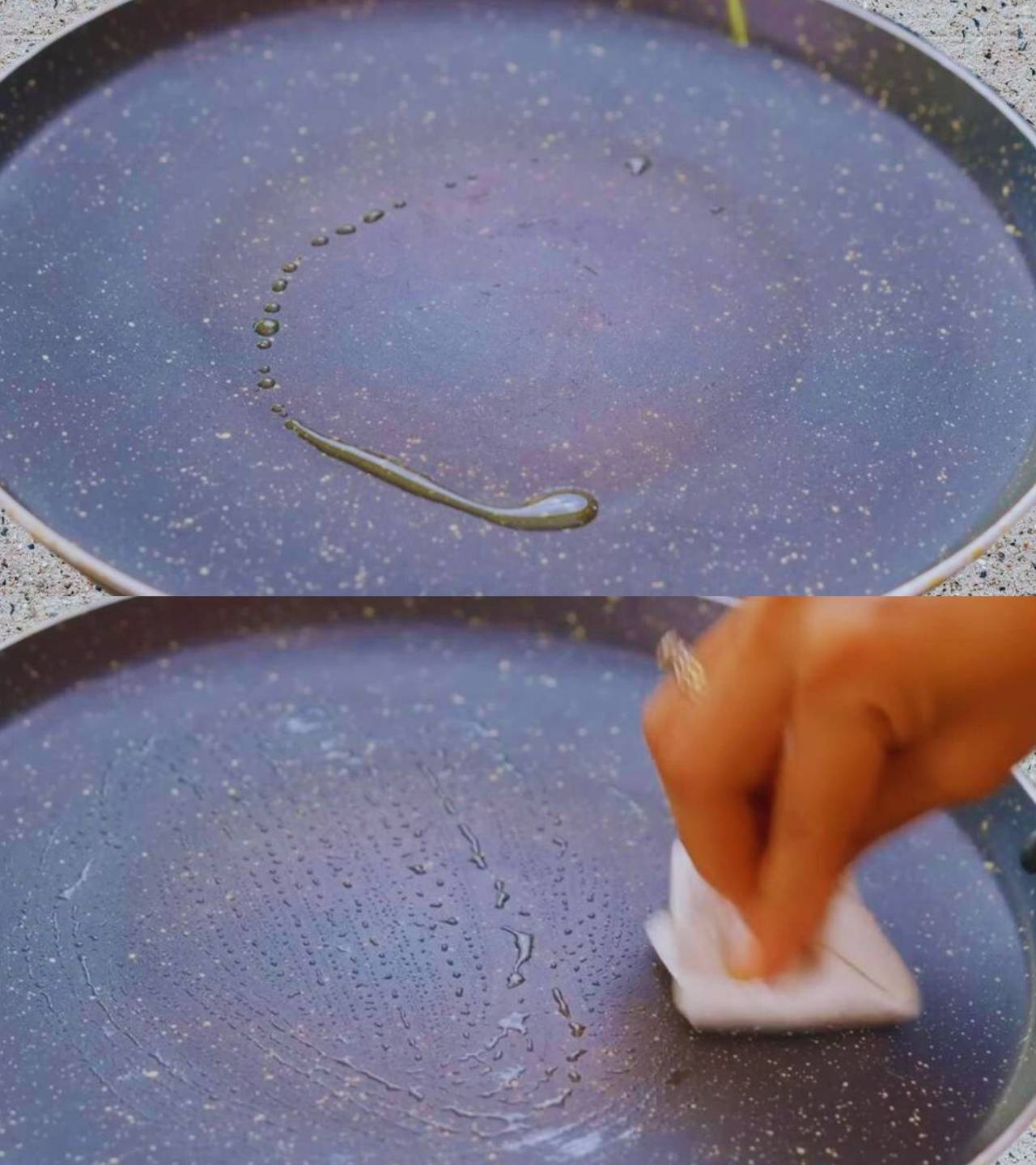 Preparing the tawa to fry dosa