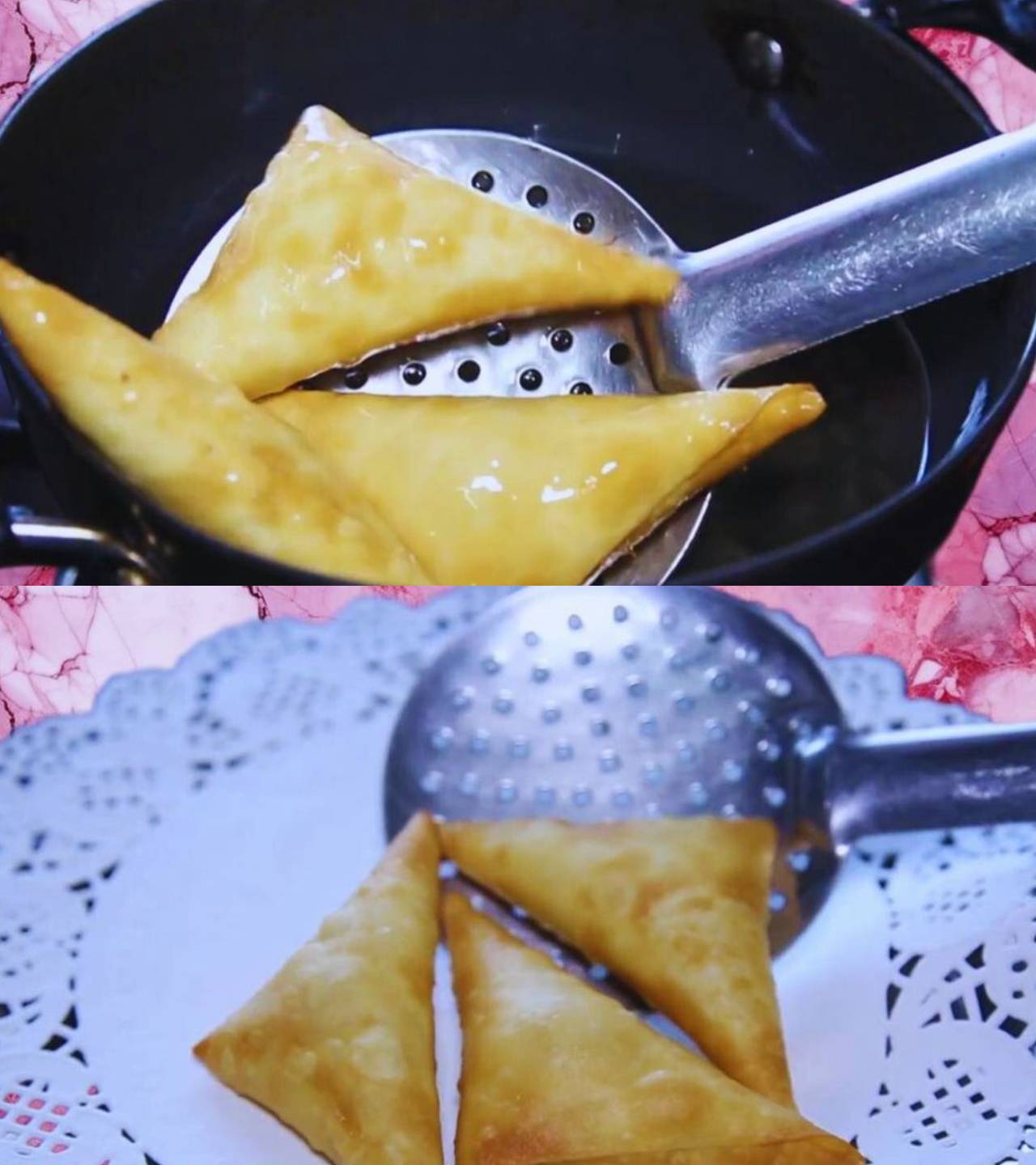 Removing fried cheese samosas 