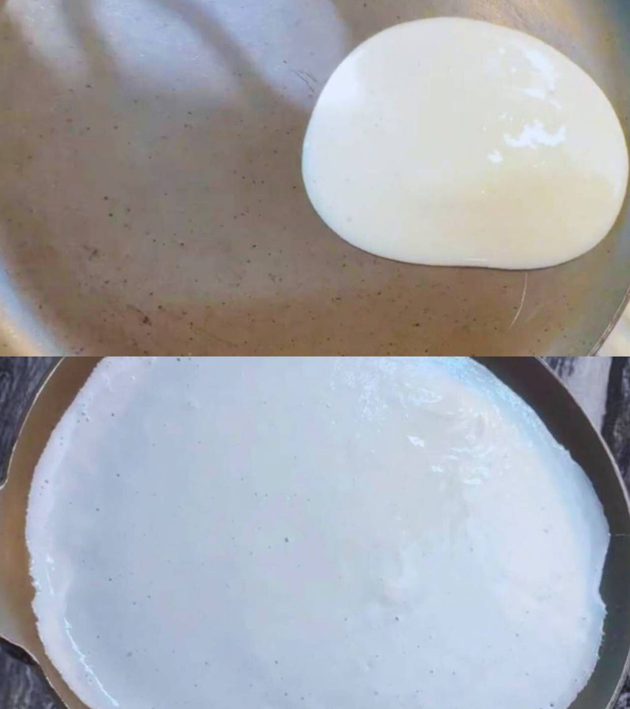 Spreading sooji batter on a tawa