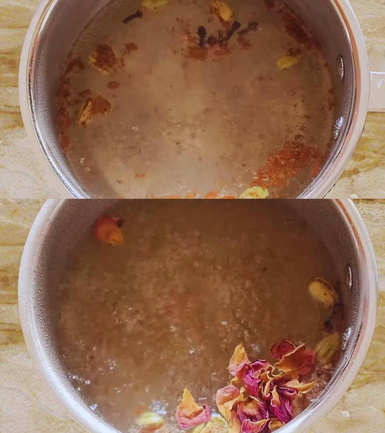 Adding cloves and dry rose petals to boiling water 