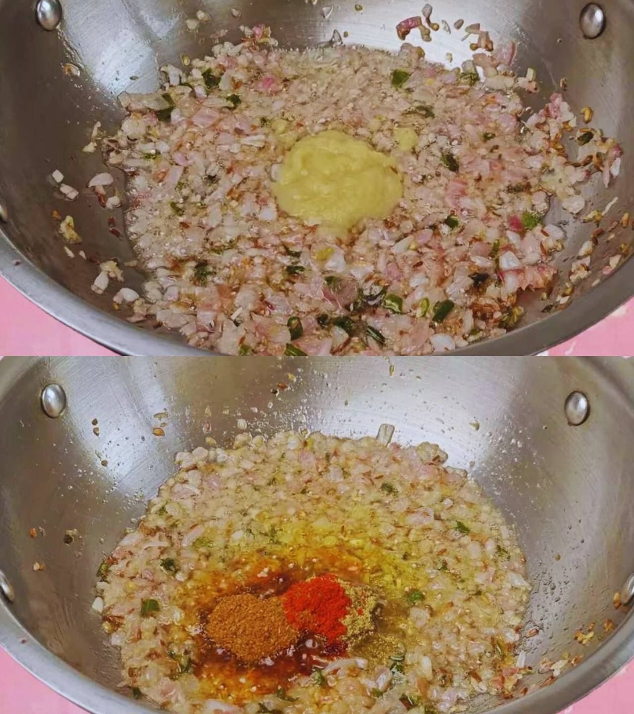 Adding ginger-garlic and powdered spices 