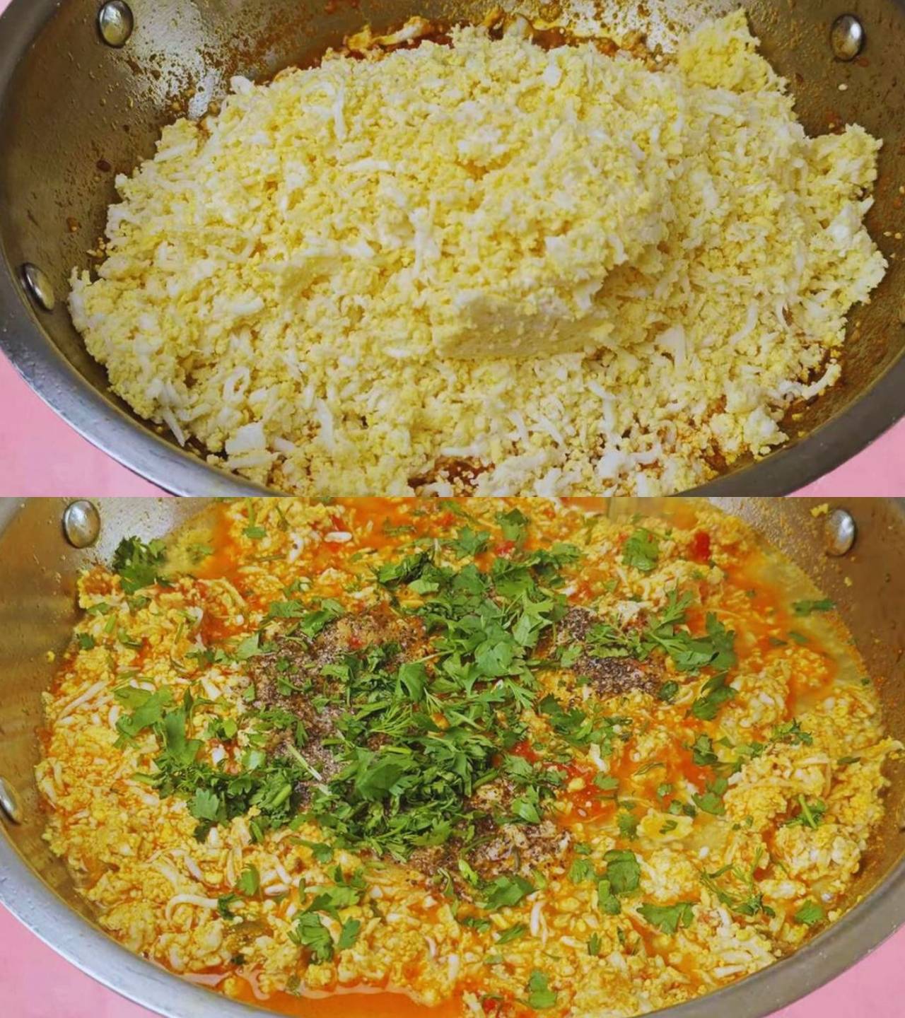 Adding grated eggs, coriander and spices 