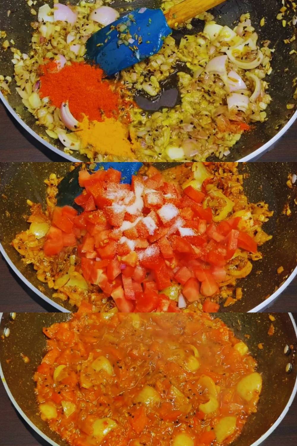 Adding powdered spices and tomatoes 