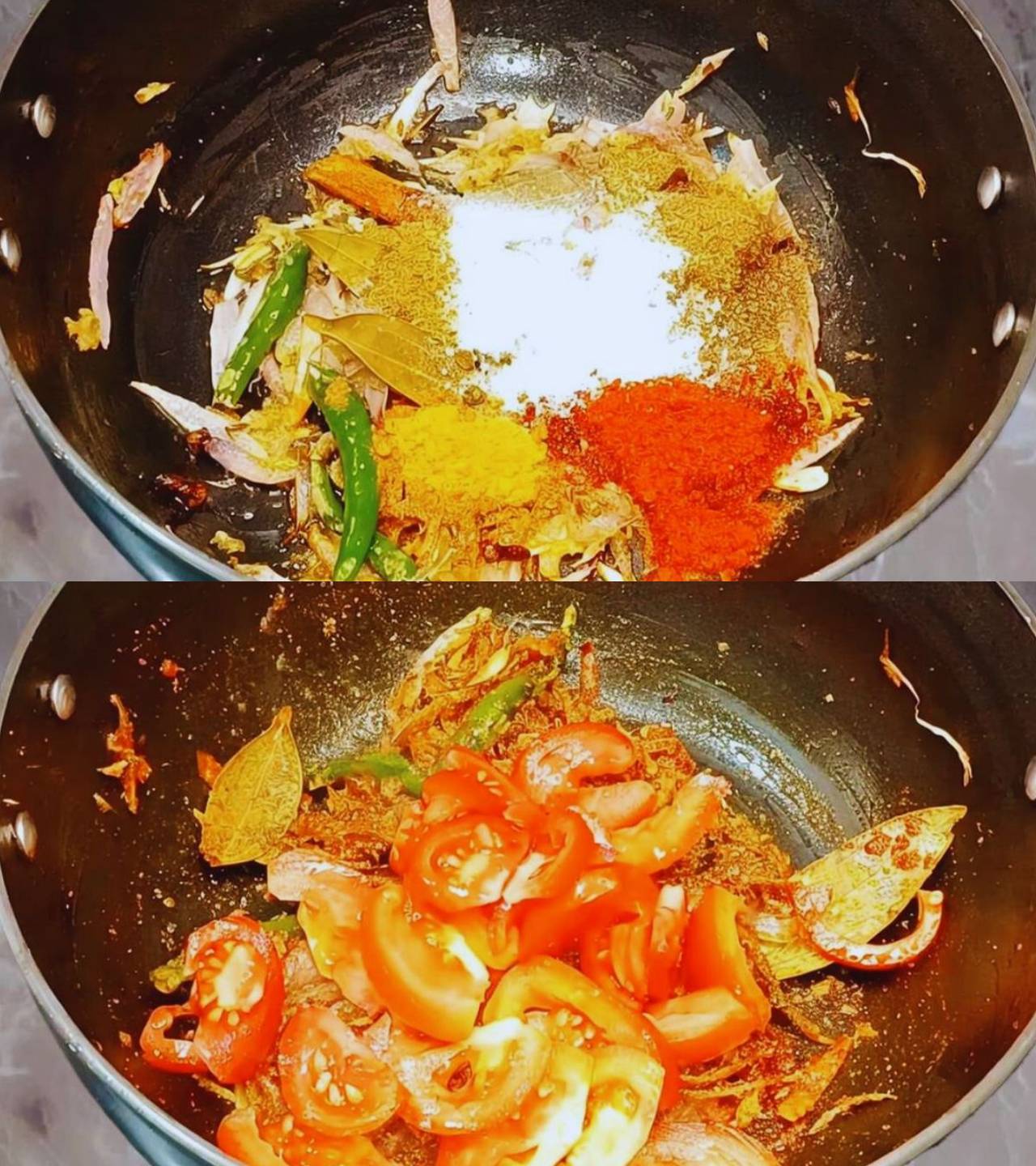 Adding powdered spices and tomatoes 