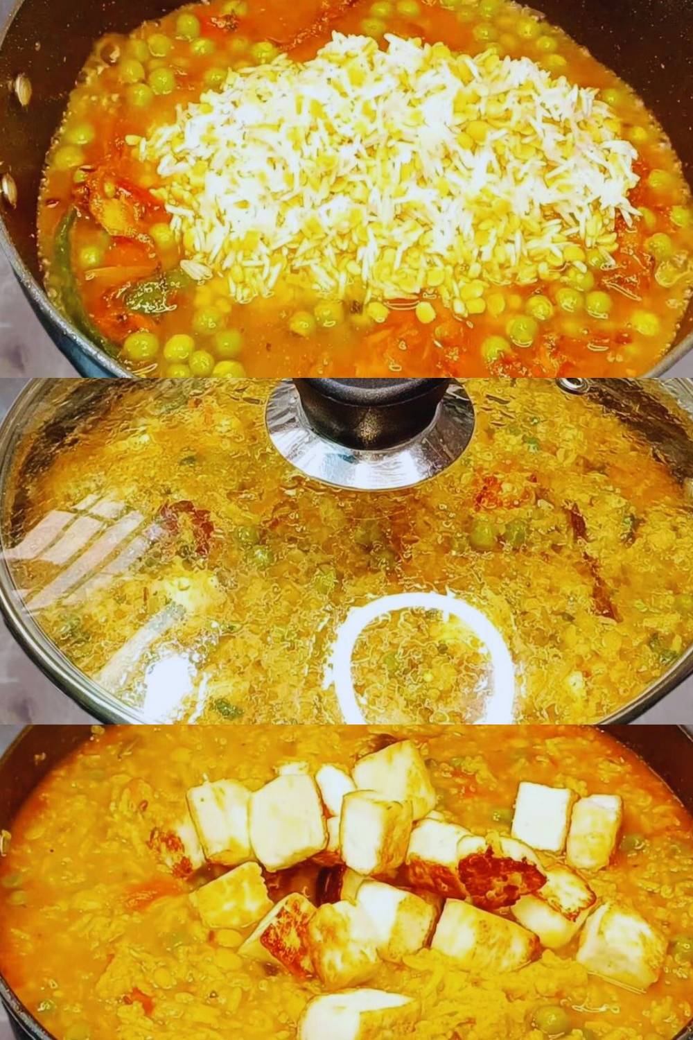 Adding rice, dal, and fried paneer 