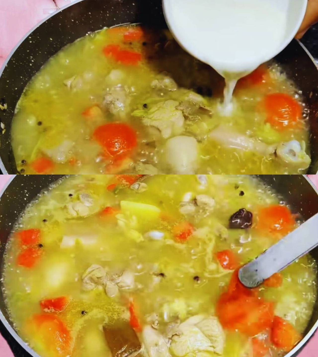 Adding rice slurry and removing tomato skin 