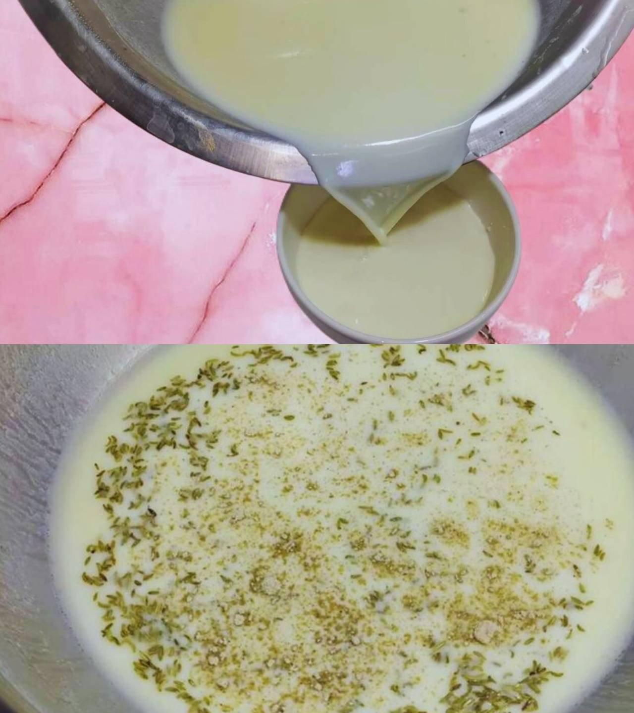 Adding saunf and cardamom powder to milk 