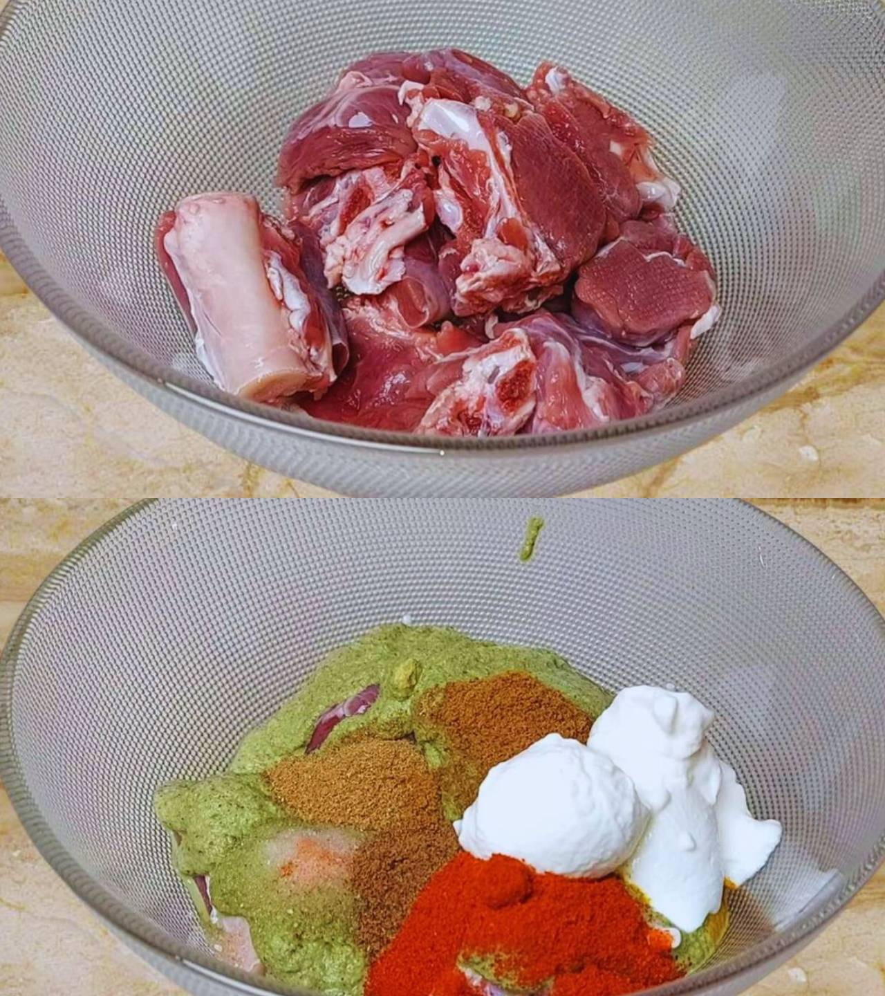 Adding spices and Dahi to mutton 