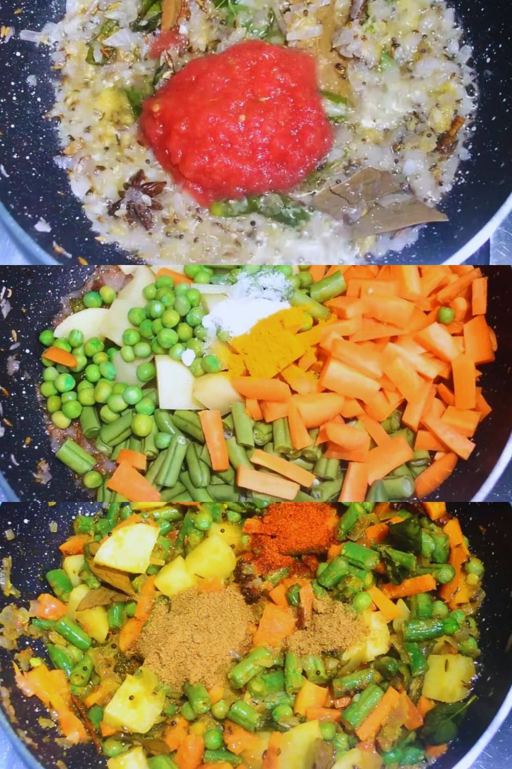 Vegetable korma recipe step 3 Adding tomato puree, veggies and masala powder