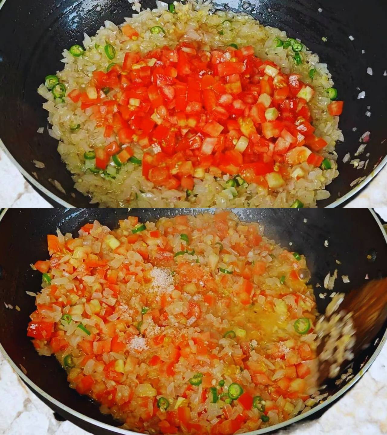 Adding tomatoes and salt