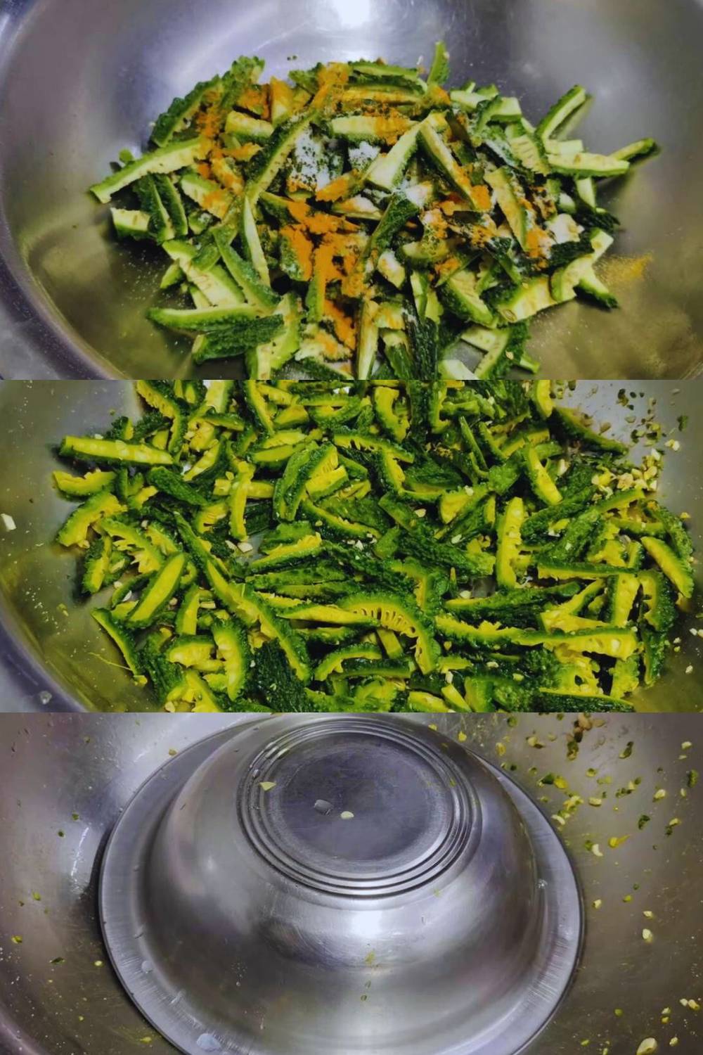 Karela sabji recipe step 2 Adding turmeric salt amd lemon juice