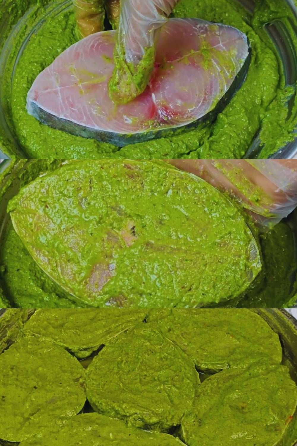Coating fish with green masala paste 